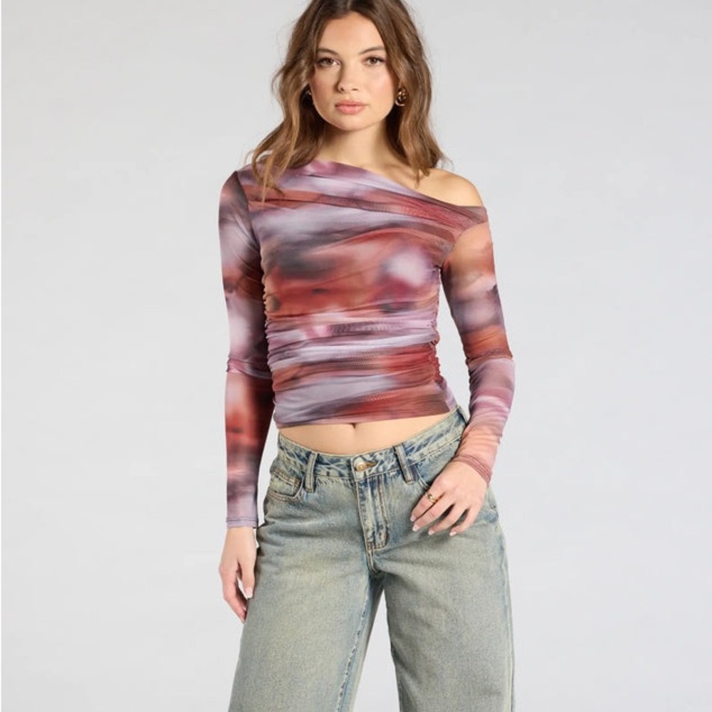 Windsor Red and Pink Asymmetrical Long Sleeve Fitted Top